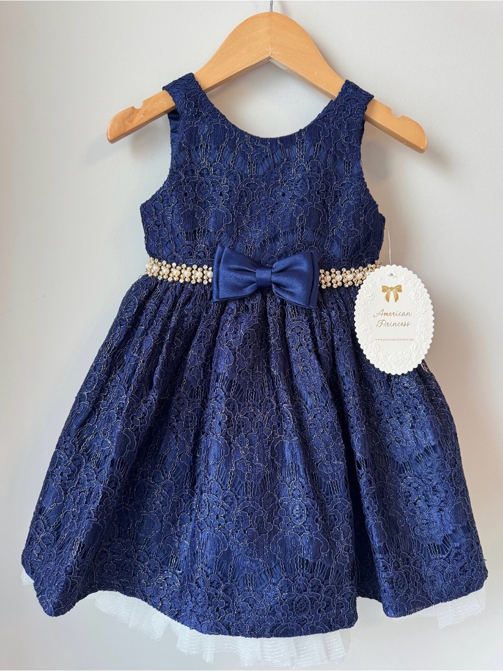 American Princess Navy Lace Dress with Pearl Waist Bow 2T